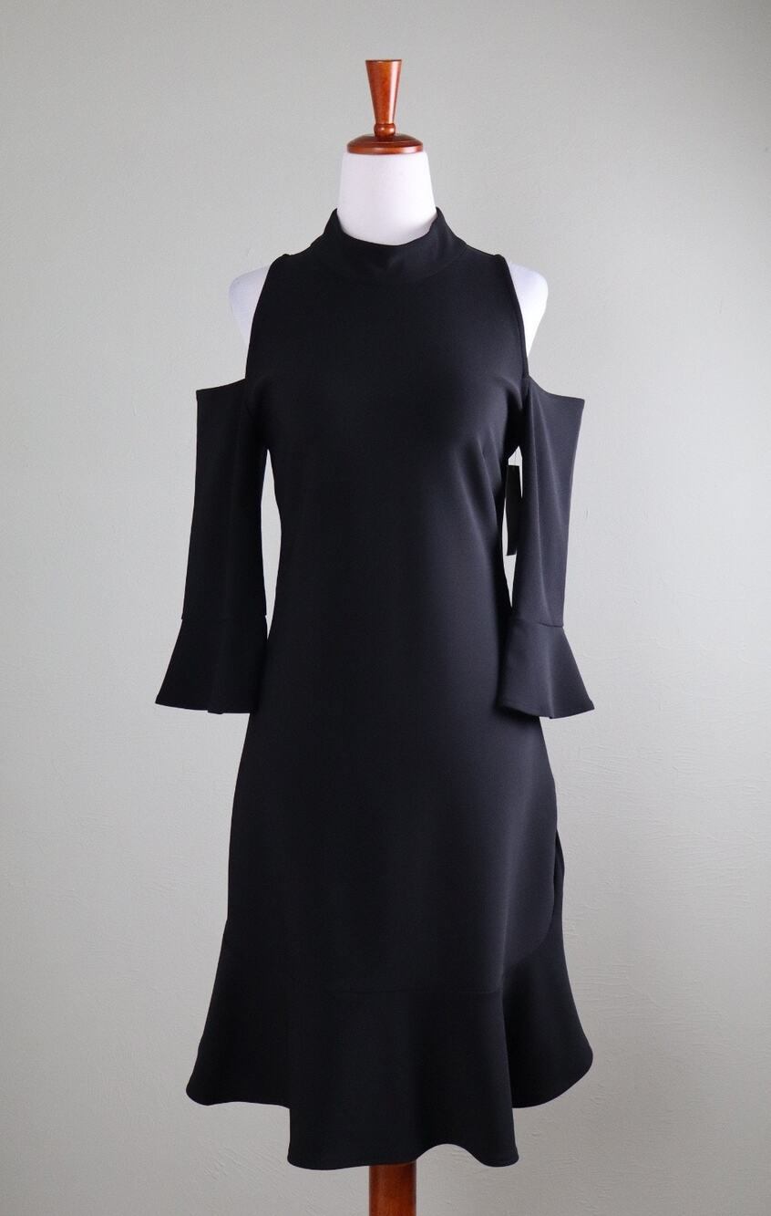 BOSTON PROPER NWT Mock Neck Cold Shoulder Crepe Flounce Dress Size Small